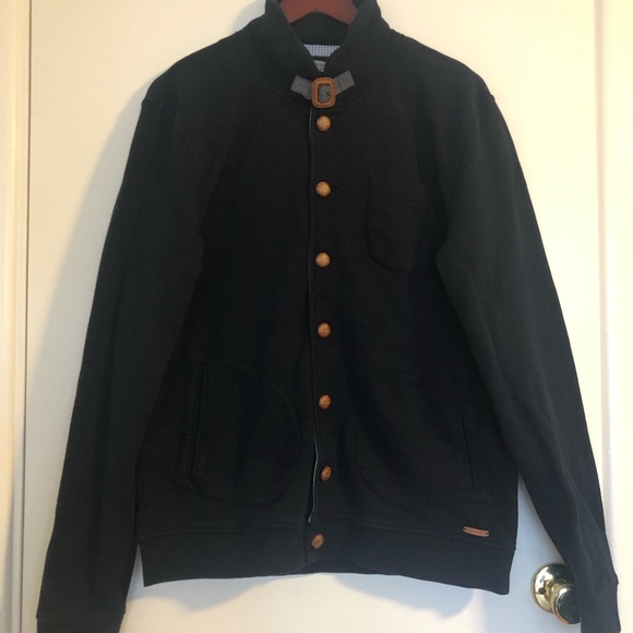 Ted Baker Navy Blue Cotton Sweater Jacket w/ Leather Buttons - Picture 3 of 9